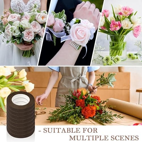 COIDEA 8 Rolls Floral Tape, 1/2" Wide Flower Tape, Brown Floral Tape | Adhesive Florist Tape for Floral Crafts, Fresh Flower, Bouquet Floral Arranging Stem Wrapping, Wedding, 30Yard thumbnail 7