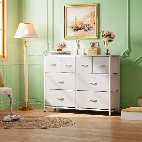 WLIVE Wide Dresser for Bedroom, 8 Drawer Chest of Drawers, White | 8 roomy fabric drawers, Wide storage design, Bedroom or closet use, Sturdy steel frame, Smooth wood tabletop thumbnail 8