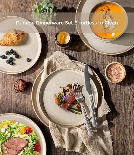 GBHOME Stoneware Dinnerware Sets for 4,12-Piece Plates and Bowls Set | Handmade Reactive Glaze Ceramic Dish Set, Scratch Resistant, Dishwasher&Microwave Safe,Cappuccino thumbnail 5