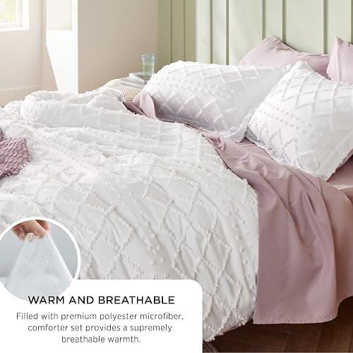 Bedsure Queen Comforter Set - White Comforter, Boho Tufted Shabby Chic Bedding Comforter Set for Kids, 3 Pieces Vintage Farmhouse Bed Set for All Seasons, Fluffy Soft Bedding Set with 2 Pillow Shams thumbnail 4