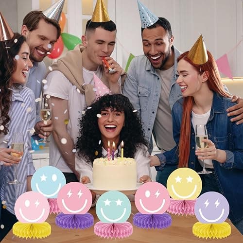9PCS Smile Face Honeycomb Centerpieces Preppy Smile Face Table Decorations Happy Pastel Birthday Party Supplies for Colorful Rainbow Birthday Themed Bachelorette Decor Favor thumbnail 7