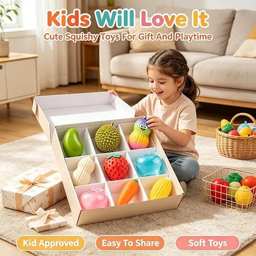 9 Pcs Squishy Fun Box Squishies Sets, Mystery Packs Sensory Toys | Mango Peanut Strawberry Apple Carrot Corn Squeeze Stress Ball Relief Hand Relax Desk Decor Party Favor Gifts for Adult thumbnail 6