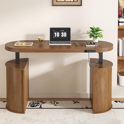 Xyulmeo Mid Century Modern Electric Standing Desk with Storage, 55 x 22 Inch Small Sit Stand Up Desk, Wood Adjustable Height Computer Executive Desk for Home Office, Laptop, Walnut thumbnail 8