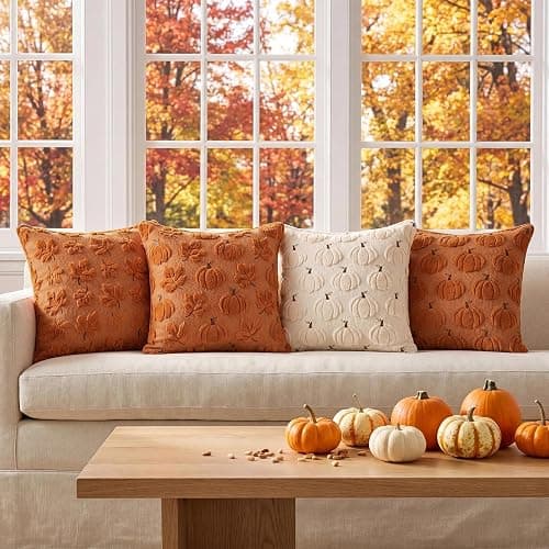 Softalker Fall Throw Pillow Covers 18x18 Set of 2 Rust Orange Pumpkin Decor | Double-Sided plush comfort with raised Autumn pumpkin embroidery, designed for couch sofas, bedrooms, and home decorations. thumbnail 4
