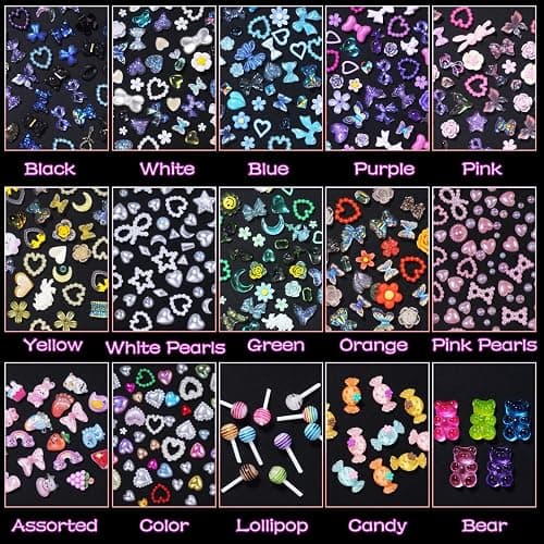 Multi 3D Mix Assorted Color Nail Charms Acrylic Flower Butterfly Bowknots Lollipop Candy Bear Cute Hollow Pearls Nail Charms Jewelry for Nail Art DIY Accessories thumbnail 3