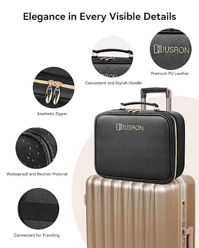 JUSRON Travel Makeup Bag With LED Mirror,Train Case with Light up Mirror, Portable Makeup Artist Organizer Bag with Adjustable Dividers (Black, Large) thumbnail 8