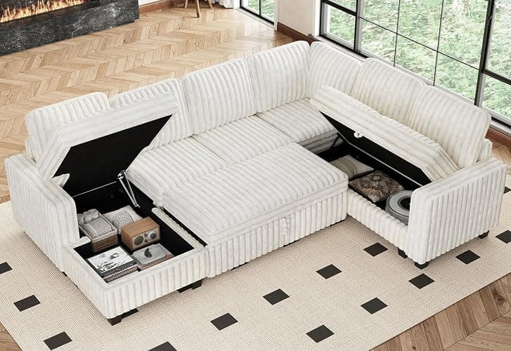 Belffin Corduroy Sleeper Sofa Bed with Storage Chaise Modular Sectional Sofa Couch with Pull Out Bed L Shaped Sectional Couches for Living Room White Couch thumbnail 3