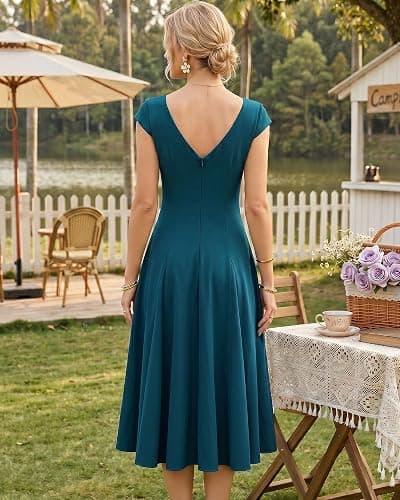 OXP Women's 2026 Summer Elegant Square Neck Cap Sleeve Midi Cocktail Semi Formal Dress for Wedding Guest Evening Party thumbnail 7