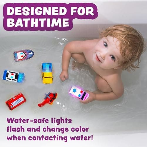 Tub Works® Emergency™ Cars Light Up Bath Toys, 12 Pack | Water-Activated Light Up Toys Flash & Change Color | Easy-Grip Baby & Toddler Bath Toys | Sensory Toys with Bath Lights for Kids Bath thumbnail 2