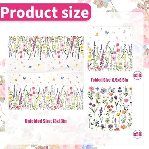 100Pcs Wildflower Napkins, Disposable Spring Floral Party Napkins, 2-Ply Guest Dinner Hand Napkin with Butterfly Flower for Spring Wedding Birthday Tea Bridal Dinner Parties & Home Use thumbnail 3