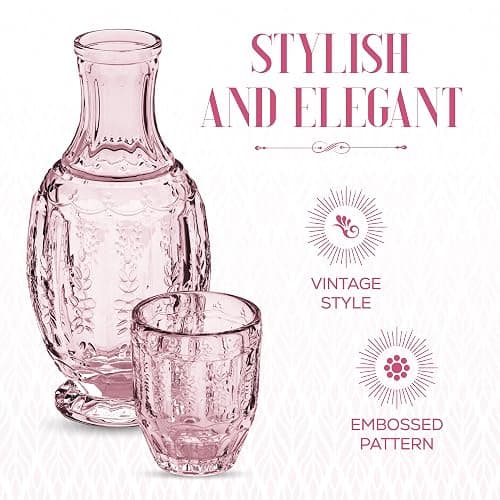 Elle Décor Vintage Bedside Water Carafe With Tumbler – Elegant Pitcher and Matching Drinking Glass Doubles As Lid For Guest Room, Office-Makes A Gift, 4.7x10.4, Pink thumbnail 5