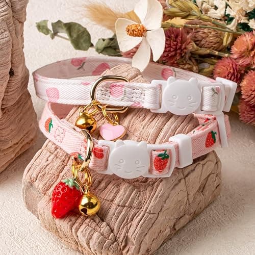 2 Pack Cotton Breakaway Cat Collar Pink Strawberries and White Heart Shaped Pendant Cute Kitten Cat Collar with Bell thumbnail 5