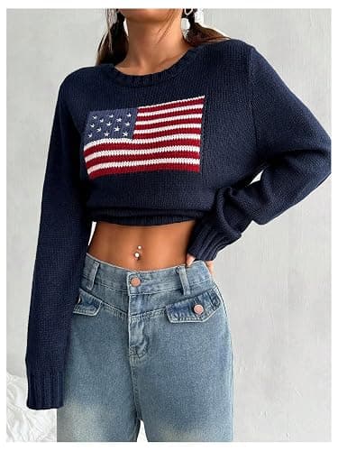 SweatyRocks Women's Flag Pattern Long Sleeve Round Neck Sweater Casual Loose Pullover Sweater thumbnail 3