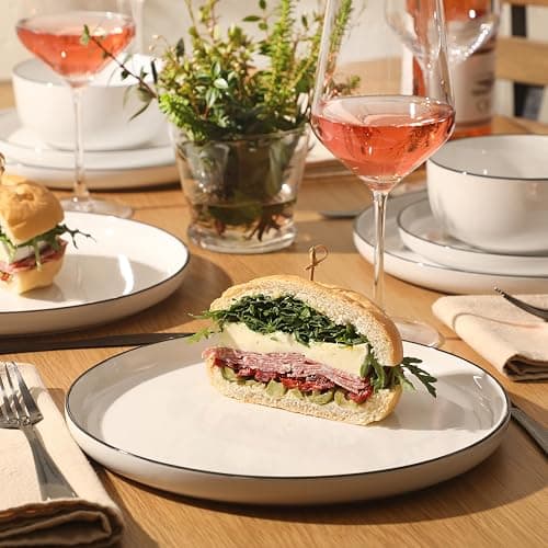 Gibson Home Oslo 12-Piece Porcelain Dinnerware Set – Dinner Plates, Salad Plates & Bowls, Classic White With Black Rim Everyday Dish Set for Home, Kitchen, Microwave & Dishwasher Safe thumbnail 2