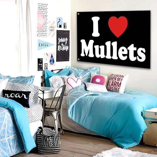 I Love Mullets Flag 3x5 Ft Funny Man Cave Wall I Heart Mullets Flag for Room Teen Girls Indoor Outdoor Bedroom and College Dorm Wall Decor Banner Tapestry Gifts thumbnail 2