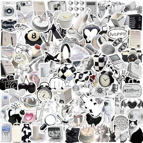 100pcs Aesthetic Stickers | Y2K Retro Sticker | Cool 2000s Cyber Trendy Stickers for Water Bottle Laptop Guitar Skateboard | Vinyl Stickers for Girls Teens Adults (Black, White, Silver) - Image 1