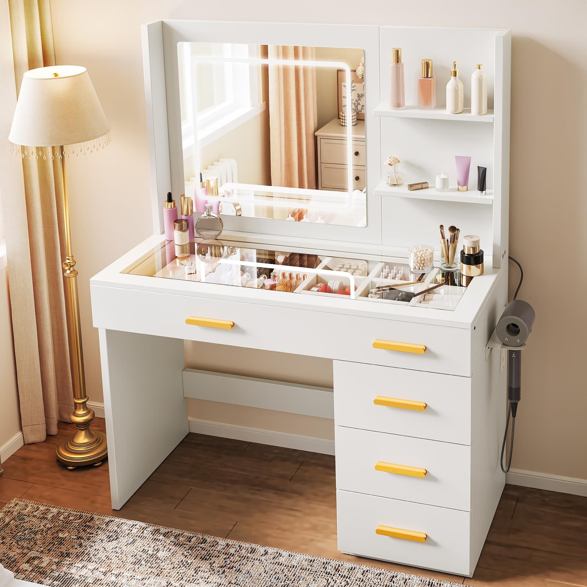 YITAHOME Makeup Table with Lighting, Dressing Table with Mirror, Dressing Table with Stool, Colours with Adjustable Brightness, Dressing Table with 5 Drawers, Open Compartments, Vanity Table, White - Image 1