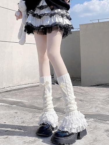 RoseSeek Women's 1 Pair Y2K Bow Front Lace Trim Leg Warmers Ribbed Knit Over Knee Pile Leg Warmers Long Socks thumbnail 6