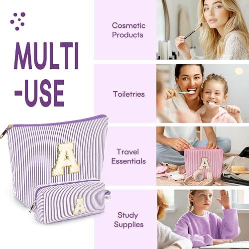 2 PCS Initial Makeup Bags for Women: Cosmetic Bag for Travel Toiletry - Birthday Gifts for 11 12 13 14 15 16 17 18 Years Old Girl Graduation Teacher Gift- Teen Girl Gifts Trendy Stuff - Purple T thumbnail 4