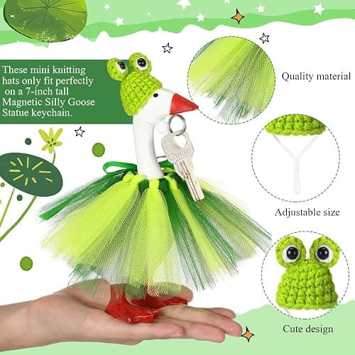Sunnymove 7 Inch Mini Desk Goose Outfits with Frog shape Knitting Hat green Tutu Dress Mini Desk Goose Customs for Magnetic Statue Key Holder Decor thumbnail 4