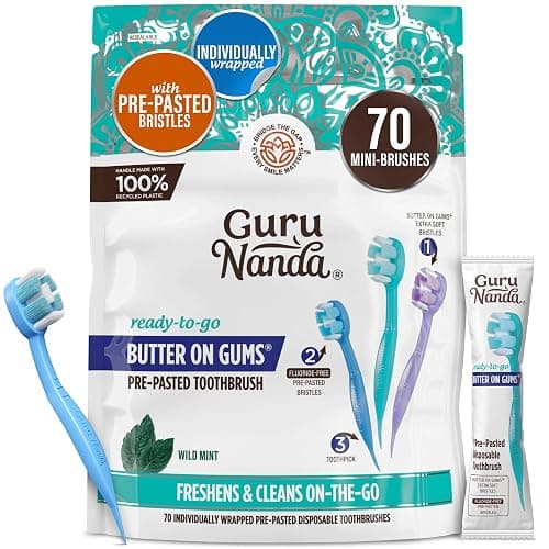 GuruNanda Mini Disposable Toothbrushes with Toothpaste & Toothpick, Prepasted Ready-to-Go Travel Toothbrush with Butter on Gums Bristles - Fluoride Free, No Rinsing, Individually Wrapped, 70 Ct - Image 1