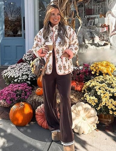 Wyeysyt Women's Cropped Puffer Jacket Lightweight Floral Print Long Sleeve Padded Quilted Puffy Cardigan Coat - X-Small - Apricot thumbnail 2