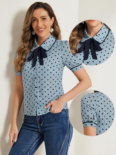 Allegra K Polka Dots Blouse for Women's Peter Pan Collar Bow Tie Neck Puff Sleeve Vintage Shirt Top thumbnail 4
