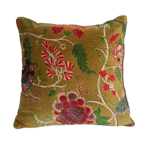 Creative Co-Op Cotton Blend Velvet Printed Pillow with Flowers and Mini Pom Pom Trim, Multicolor - Image 1