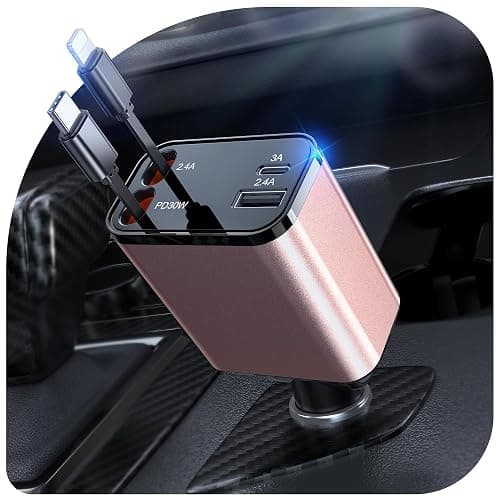 69W Retractable Car Charger, 4-in-1 Fast Car Phone Charger with 2.6ft Two Retractable Cables and USB C+USB A Car Charging Block Cube, Compatible with iPhone 14 15 16 17 Pro Max Plus,Galaxy,Pixel(Pink) - Image 1