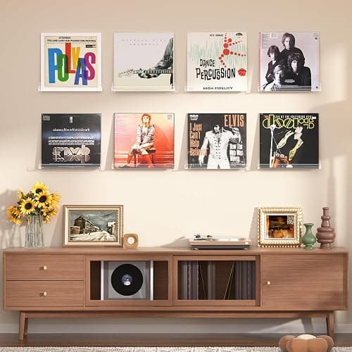 upsimples 8 Pack Vinyl Record Wall Mount Shelves, 12" Vinyl Holder for Album Record Storage & Display, Clear Acrylic Floating Shelves for Wall Decor, Kids Bookshelf, Magazine Rack, Picture Ledge thumbnail 2