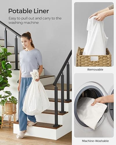 SONGMICS Laundry Hamper with Lid, 37 Gallons (140 L), Rolling Laundry Basket with Wheels, 3-Section Synthetic Rattan, Removable Liner, Bedroom, 26 x 13 x 26 Inches, Natural ULCB363N01 thumbnail 6