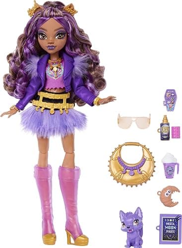 Monster High Doll, Clawdeen Wolf in Purple Moto Jacket and Furry Skirt with Pet Wolf Pup Crescent and 7 Accessories Like Book, Croissant and Purse thumbnail 5