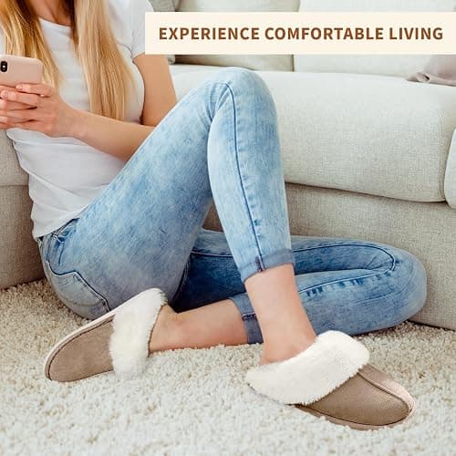 HILAX Pantoufles Femme Homme Hiver Chausson Maison Confort Chaud Slippers Cuir Peluche Mules Fourrure Intérieur Antidérapant Chaussures pour la Maison thumbnail 6