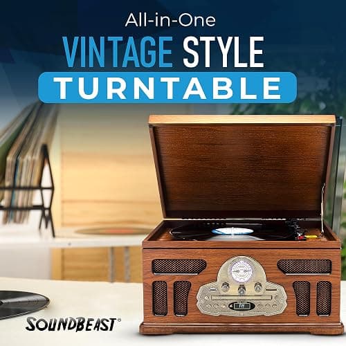 SoundBeast All-in-One Turntable with 3-Speed Record Player, Bluetooth, CD, Cassette Tape, AM/FM Radio, USB, Built-in Speakers, Handmade Wooden Exterior thumbnail 2
