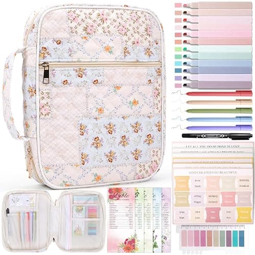 XKDOUS Bible Cover Case for Women Bible Bag w/Handle, Tabs, Study Supplies Journaling Kit Book Carrying Case Christian Gifts for Mom Lady Friends (Floral Patchwork) - Image 1