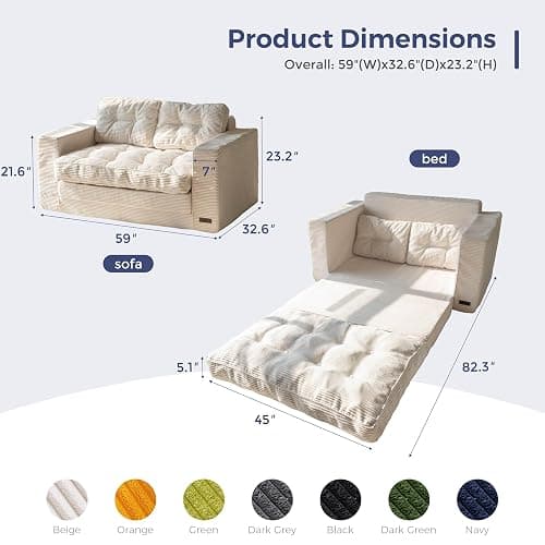 MAXYOYO Convertible Sofa Bed, Pull Out Loveseat Sofa Couch | 2 in 1 Folding Couch Bed, Fold Out Floor Couch with Pillows for Living Room Bedroom Lounge, Beige thumbnail 3