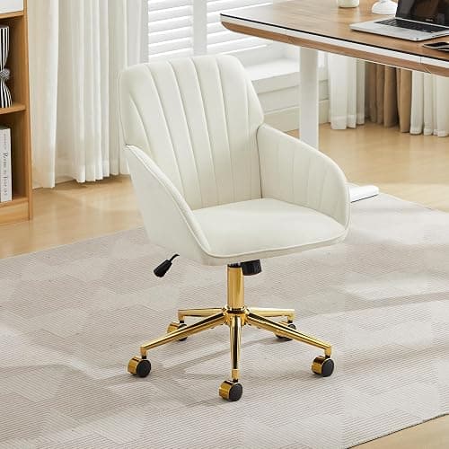 YITAI Velvet Office Desk Chair with Wheels and Gold Base,Modern Height Adjustable 360 Degree Swivel Upholstered Vanity Chairs with Arms for Living Room Bedroom, Study,Cream thumbnail 2