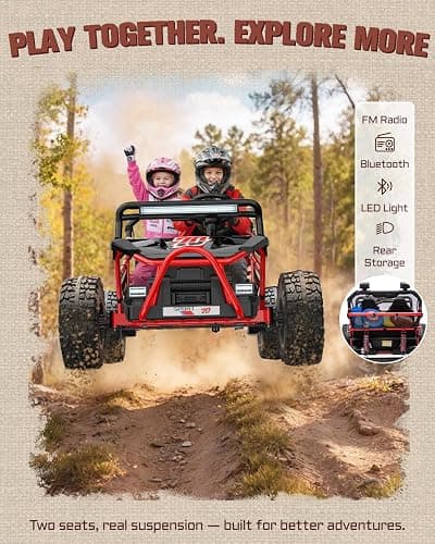First Ride On 36V Kids Ride On UTV, 2-Seater 400W Electric Car for Kids 6+, 5-8 MPH Speed, 14" EVA Wheels, Metal Frame, Bluetooth Music, Rear Metal Suspension Off-Road Vehicle (Red) thumbnail 4