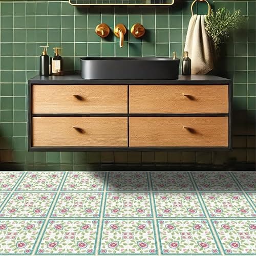 HOMETITUTE Teal Border Fig Floral Peel and Stick Tile Art Deco,12"x12" | Vinyl, Self Adhesive Vinyl Floor Tiles, Self Adhesive Decals Removable Flooring Stickers; kitchen,bathroom,entryway thumbnail 5