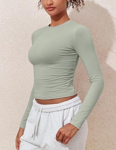 PrettyGuide Womens Cotton Long Sleeve Shirts Tight Fit Basic Y2K Crop Tops | Crew Neck Basic Tee, Fitted Going Out Tops, Compression Underscrubs Shirt, Layering Undershirt, Fall Outfits, Work Daily Wear thumbnail 4