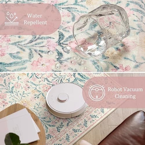 Morebes Floral Pink Rugs for Bedroom Girls, Washable 5x7 Large Area Rug for Living Room Non Slip, Vintage Low-Pile Indoor Floor Boho Flower Carpet for Kids Nursery Playroom, Light Pink&Green - Pink - 5' x 7' (Rectangular) thumbnail 6