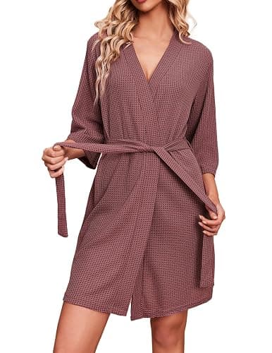 Ekouaer Robes for Women Waffle Knit Bathrobe Soft Lightweight Knee Length Loungewear S-XXL - Image 1