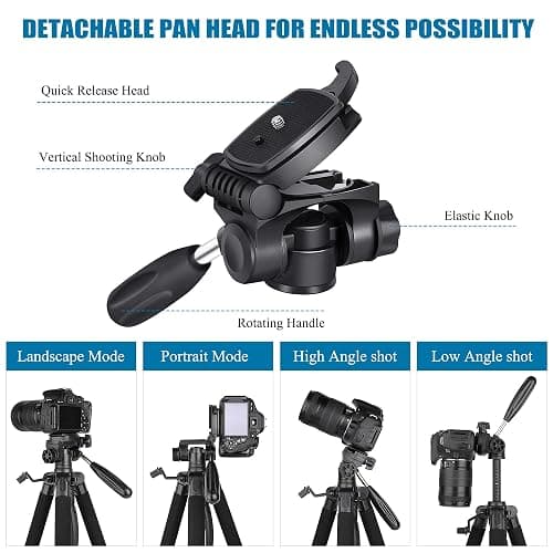 VICTIV 74” Camera Tripod, Tripod for Camera and Phone, Aluminum Professional Tripod Stand for Canon Nikon with Carry Bag and Phone Holder, Compatible with DSLR, iPhone, Spotting Scopes, Max Load 9.5Lb thumbnail 4