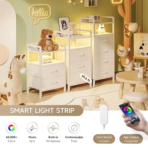 Lazzanto Nightstand with Rear Charging Station, LED Light, 2 Drawers, White | Industrial Nightstand, 2 USB-A Ports & AC Outlets, Raised Back Guard, Fabric Storage Drawers, Bedside Table for Bedroom, Dorm thumbnail 4