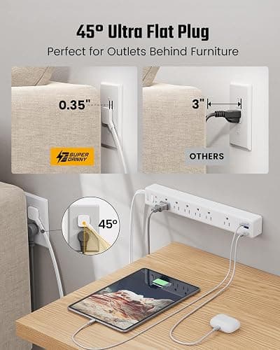10Ft Extension Cord with Multiple Outlets, SUPERDANNY Flat Plug Surge Protector Power Strip 10 Ft Long Cord, 6 Outlets & 3 USB Ports, Charging Station for Home Office, College Dorm Room Essentials thumbnail 4