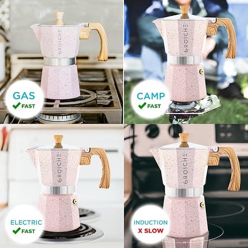 GROSCHE Milano Moka pot, Stovetop Espresso maker, Greca Coffee Maker, Stovetop coffee maker and espresso maker percolator (Pink, 3 cup) thumbnail 6