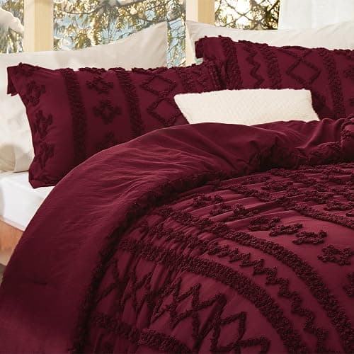 Bedsure Tufted Boho Comforter Set Queen Size - Burgundy Boho Bed Set, GentleSoft™ 3 Pieces Farmhouse Shabby Chic Embroidery Bedding, Gifts for Woman, Soft Jacquard Queen Comforter for All Seasons thumbnail 6