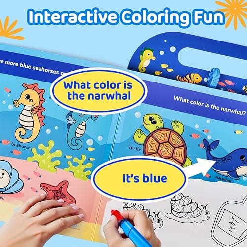 JoyCat Ocean Water Coloring Book for Toddler Kids, 13 Pages, No-Mess | Reusable color-reveal scenes for repeat play, Water pen with holder, Carry handle and closure band for travel, Gift for kids thumbnail 7