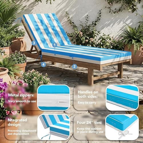L'AGRATY Outdoor Lounge Chaise Cushion: 72x21x3 Inch Waterproof Lounge Chair Cushion for Outdoor Furniture with Fade Resistant Removable Cover - Patio Cushions for Pool Lawn Deck(Blue White 2Pcs) thumbnail 4