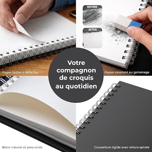 DIYIDEA Carnet de Croquis A5 200 g/m2 100 Pages Spirale Couverture Rigide | Carnet de croquis 200 g/m2, couverture rigide, reliure spirale, pages perforées, pour crayon, fusain, graphite, pastel thumbnail 3